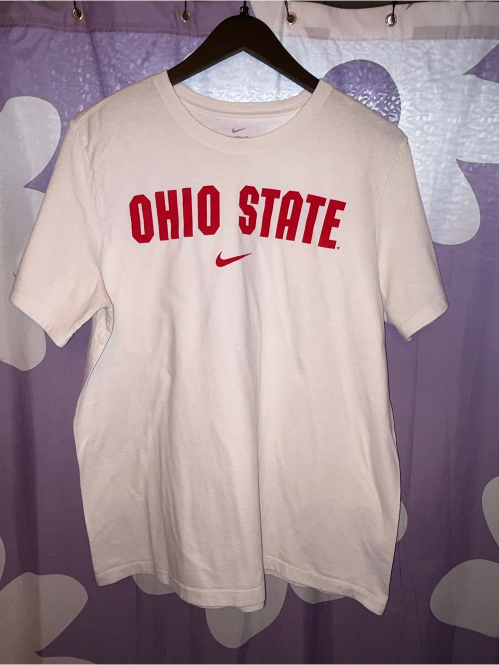 Nike White Tee with Red Lettering and Gray Swoosh